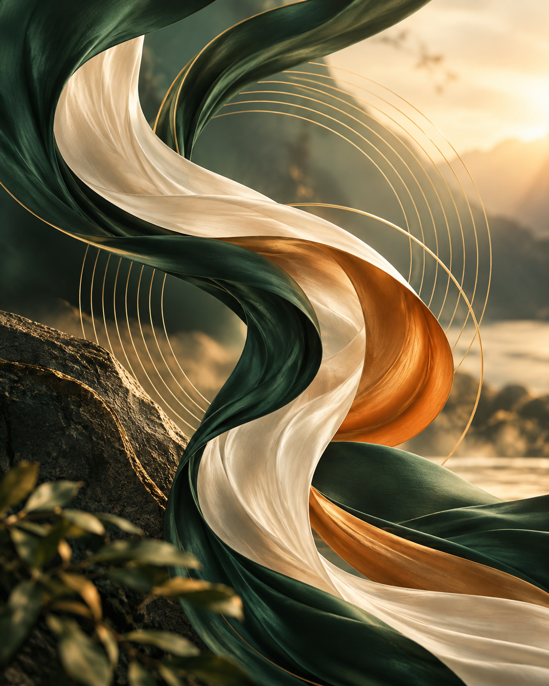 Fließende Formen in Grün, Creme und Orange als Sinnbild für Bewegung und Rhythmus