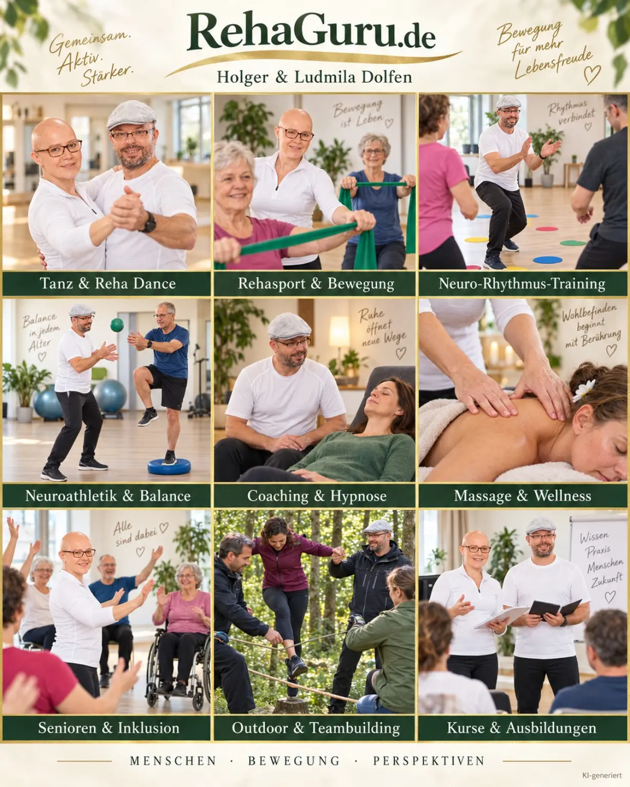 RehaGuru mit Holger und Ludmila Dolfen sowie den Angebotsbereichen Tanz, Rehasport, Neuro-Rhythmus-Training, Coaching, Massage, Inklusion, Outdoor und Ausbildung